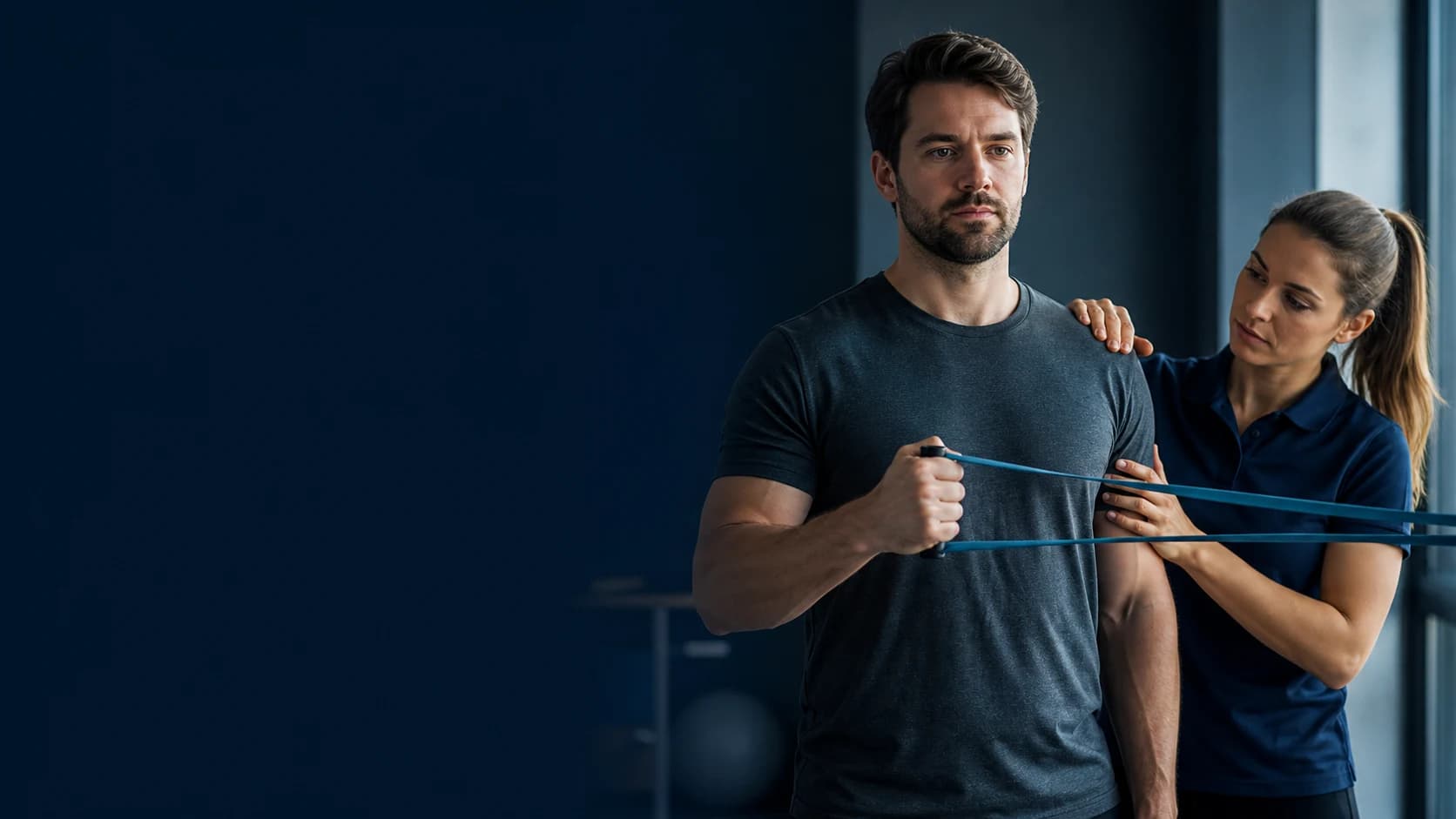 Man performing controlled rotator-cuff strengthening during shoulder rehabilitation